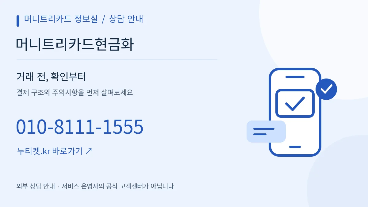 휴대폰과 확인 표시로 표현한 상담 안내 — 머니트리카드 정보실, 머니트리카드현금화, 010-8111-1555